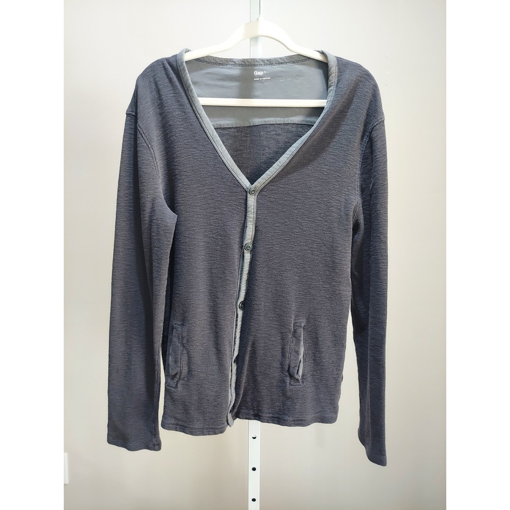 Gap Mens Charcoal Grey Waffle Knit Cotton Cardigan V-Neck Sweater Large L